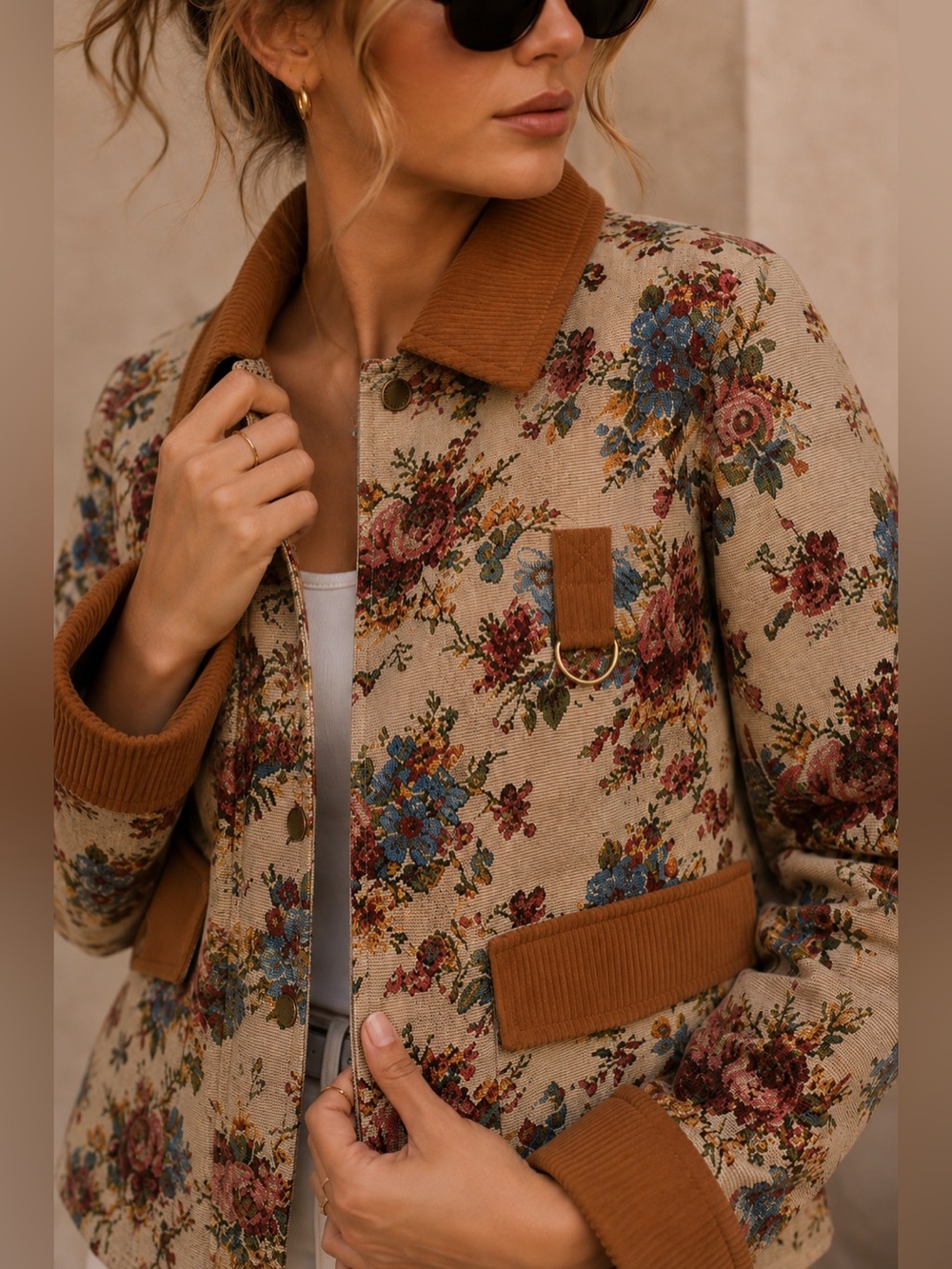 Avec Les Filles Beige Floral Utility Jacket with Rust Corduroy Trim S